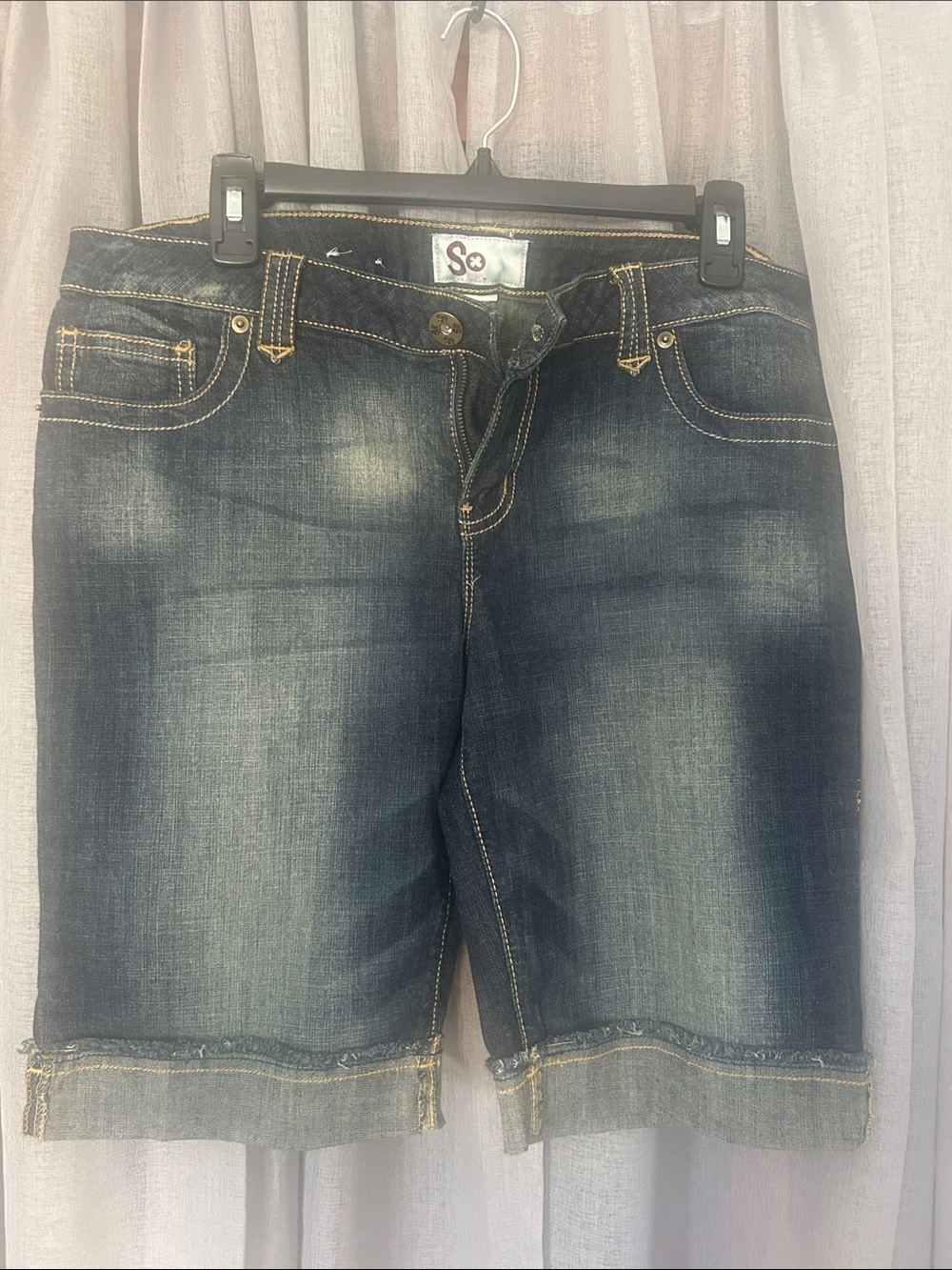 SO Women's Faded Dark Blue Denim Bermuda Shorts with Contrast Stitching
